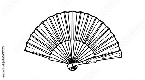 Handheld folding fan line art illustration vector outline on white background