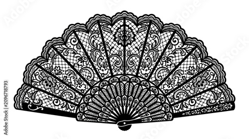 Elegant black lace folding hand fan with intricate floral patterns