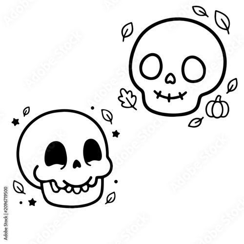 Cute black halloween skull on a transparent background, vector doodle style set