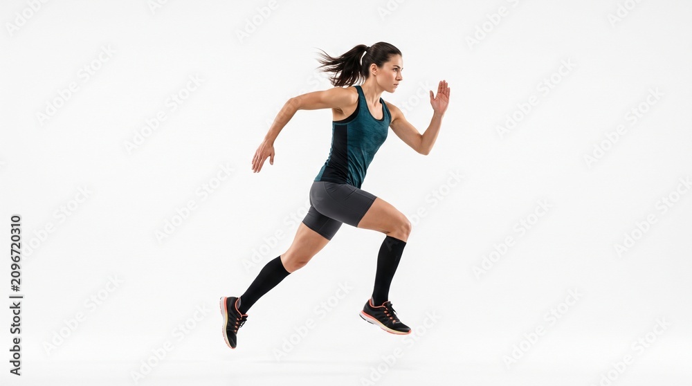 Fototapeta premium Athletic Woman Running Fast in Athletic Wear with Compression Socks and Running Shoes