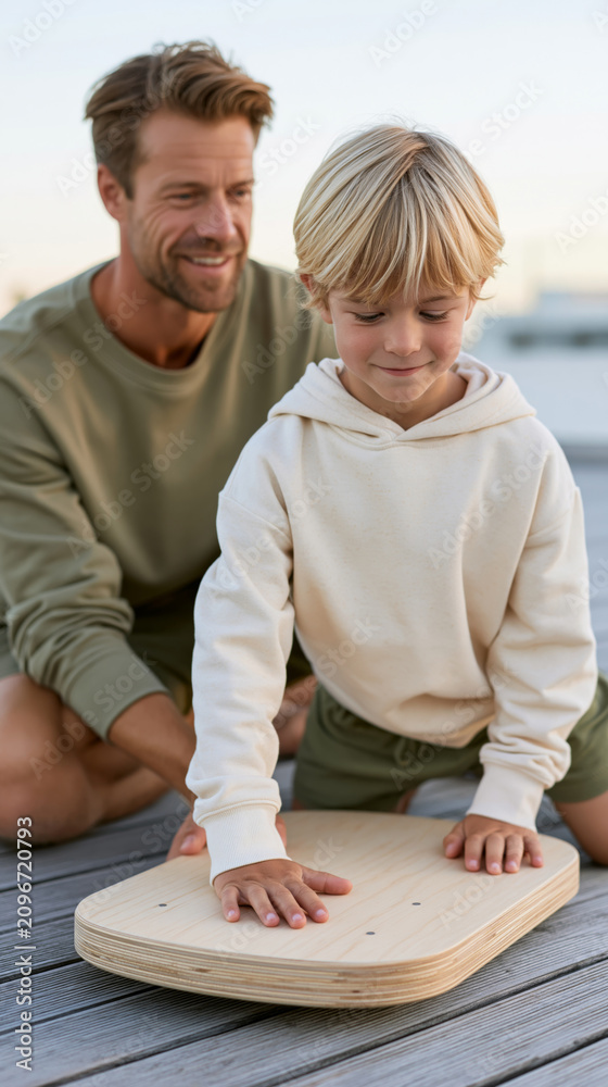 Fototapeta premium Caucasian man teaching young boy balance skills on wooden board outdoors