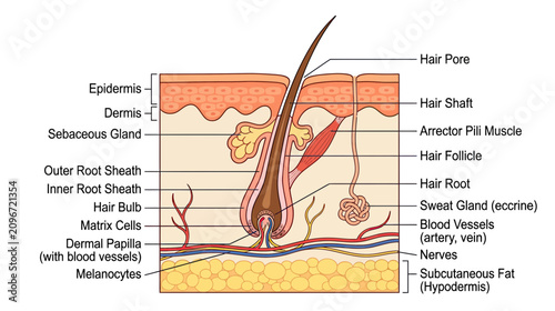 Foto Human Skin Anatomy Cross-Section: Hair Follicle, Glands, and Layers