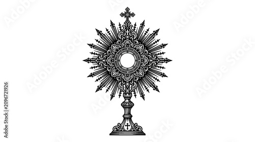 Ornate religious monstrance illustration in vintage black and white woodcut style