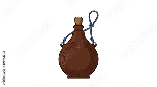 Vintage leather water canteen with blue rope strap illustration