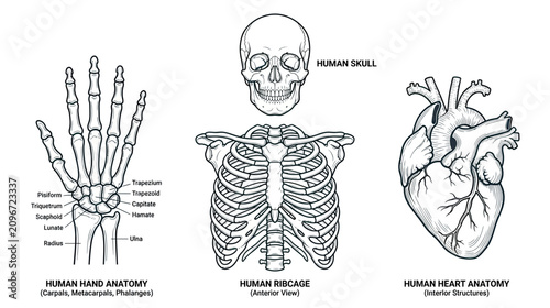 Fotografija Human Anatomy Collection: Skull, Ribcage, Heart, and Hand Skeleton Illustrations