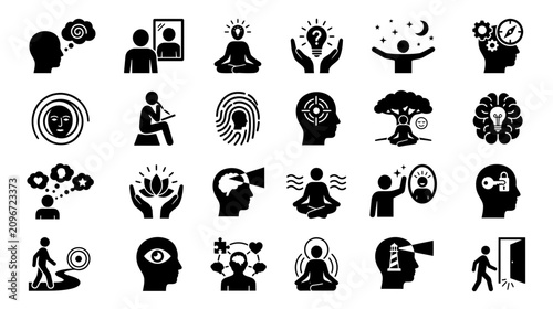 Foto Mental Health and Mindset Icons: Meditation, Ideas, Self-Awareness, Enlightenmen