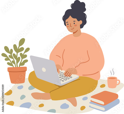Flat vector illustration of a young casual woman sitting cross-legged on a patterned rug typing on a laptop, accompanied by a potted plant, stack of books, and a hot mug, isolated on a white backgroun