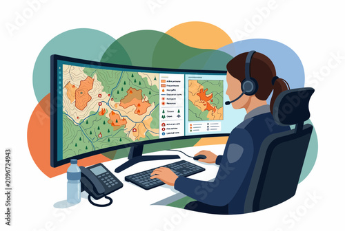 Female Emergency Dispatcher Monitoring Wildfire Rescue Operations