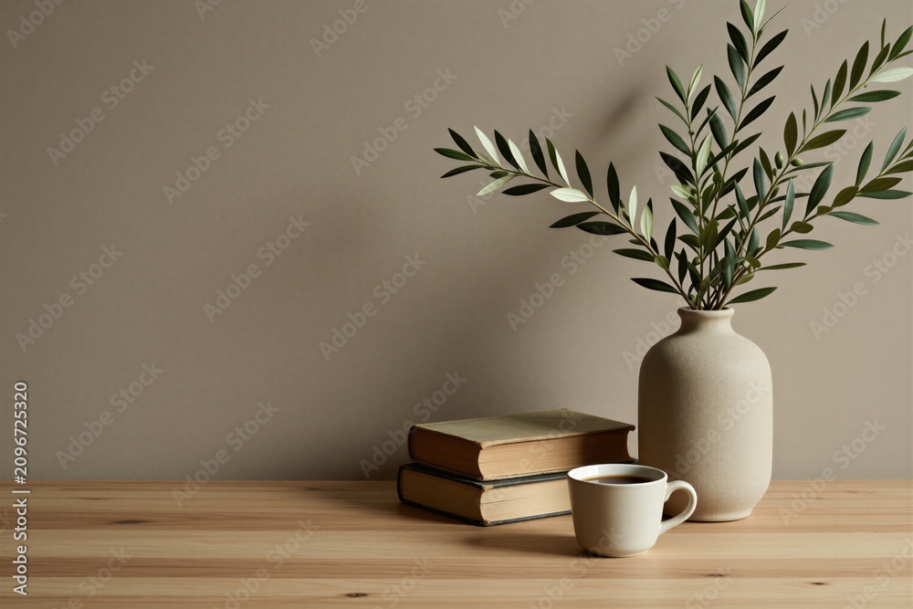 Obraz premium Still life with olive branches in vase, stacked old books and coffee cup on wooden table. Neutral wall backdrop with copy space for text. Minimalist home decor.