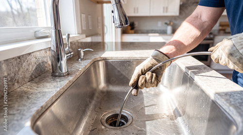Fotografie Plumber Using a Drain Snake to Unclog a Kitchen Sink