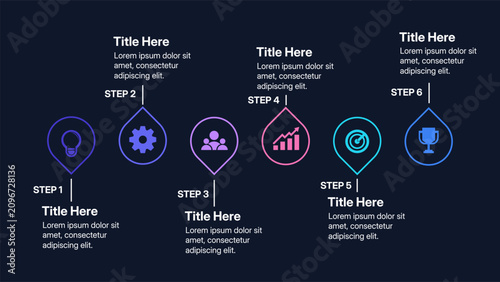 Modern 6 steps outline tech start up timeline infographic layout, digital corporate roadmap line art diagram slide with thin neon pin shapes vector illustration