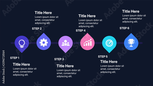 Modern 6 steps tech start up timeline infographic layout on dark background, digital corporate roadmap diagram slide with neon drop pin shapes vector illustration
