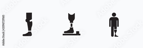 Bild auf Leinwand Set of three black silhouette icons representing prosthetic leg and disability support equipment