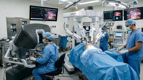 Robotic Surgery in a Modern Operating Room with Medical Professionals.