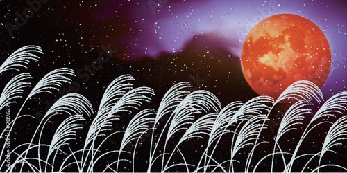 Konstfotografi Eerie Red Moon Over Swaying Silver Grass