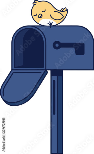 Flat vector illustration of a cute little bird sleeping inside an open, empty vintage mailbox, isolated on a white background.