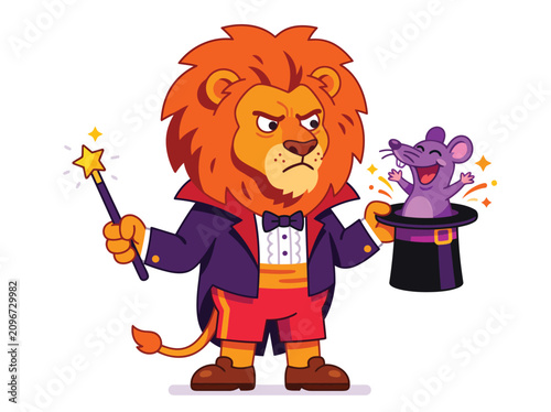 Cartoon Lion Magician Performing Magic Trick with Happy Mouse in Top Hat Isolated on White Background
