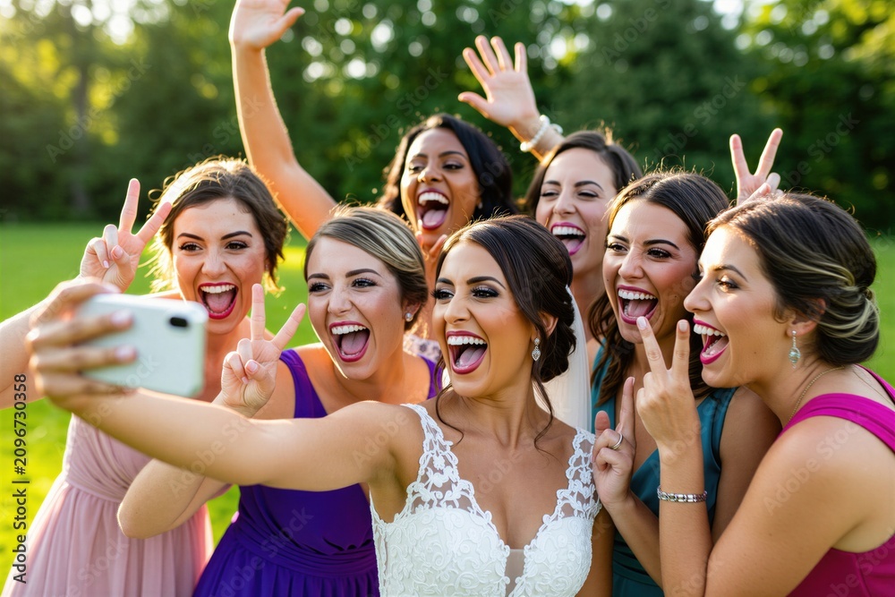 Fototapeta premium Happy bride takes selfie with bridesmaids during outdoor wedding party. Young women in colorful dresses smile, laugh posing for smartphone photo together. Beautiful group of friends celebrate