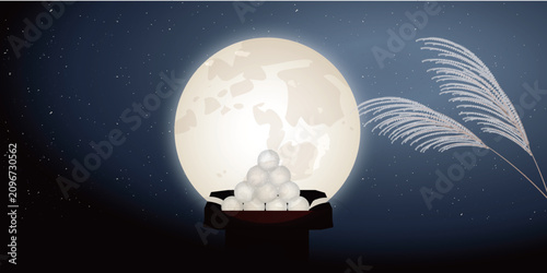 Tableau sur toile Full moon night with Japanese Tsukimi dumplings and susuki grass