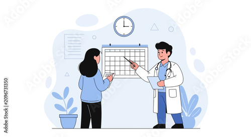 Doctor Discussing Appointment Schedule with Patient Near Calendar and Clock