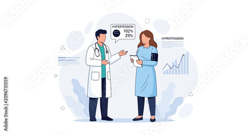 Doctor Discussing Hypertension Diagnosis with Patient, Medical Consultation and Health Check-up Vector Illustration