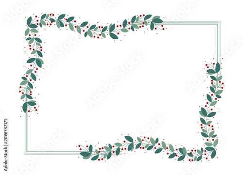 Simple Green Rectangle Border Frame With Green Leaves And Red Cherry Berry