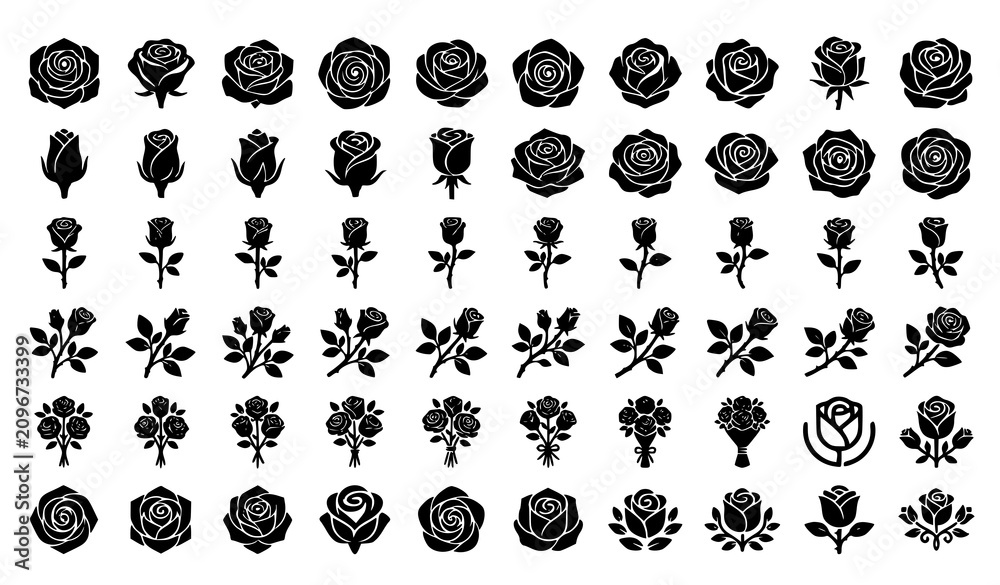 Obraz premium Minimal rose silhouette collection with floral blossom logo and botanical vector icon set
