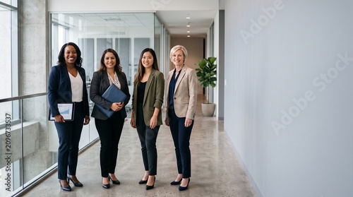 Diverse group of professional women in business attire standing together in a modern office hallway, symbolizing leadership and equality