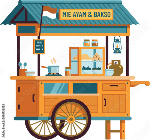 Flat vector illustration of a traditional Indonesian street food cart (gerobak kaki lima) used by local vendors, isolated on a white background.