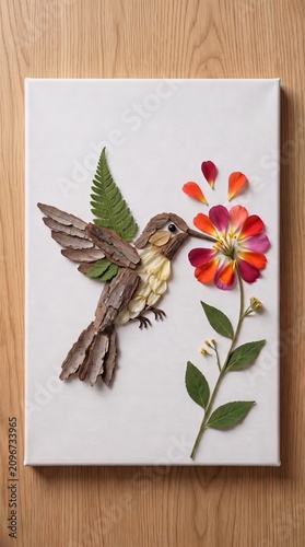 Handmade Hummingbird and Flower Nature Collage Art on White Canvas