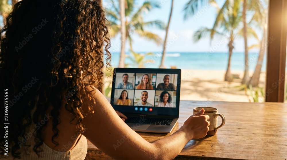Obraz premium Curly haired woman joining video conference on laptop at tropical beach resort for remote work and digital nomad lifestyle campaign.