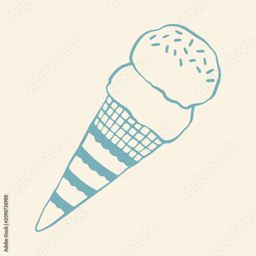 Vector illustration of a waffle cone with two large scoops of ice cream topped with sweet sprinkles. Hand drawn blue line art icon for summer double scoop frozen desserts
