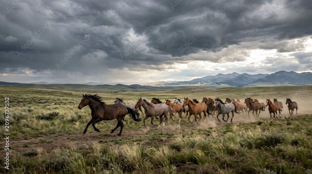 Fototapeta premium A herd of wild horses running across a dusty plain under a dramatic stormy sky.