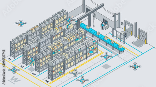 Isometric automated warehouse with robotic drones and shelving systems.