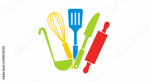 Colorful kitchen cooking utensils icons set.