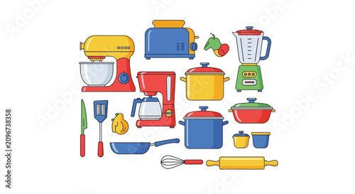 Colorful kitchen cooking utensils and appliances.