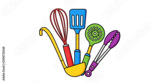 Colorful kitchen cooking utensils set.