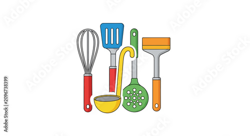 Colorful kitchen cooking utensils set.