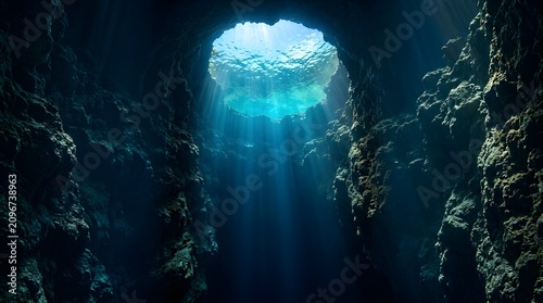 Underwater view looking up from inside a dark rocky sea cave with sunlight rays streaming through the surface