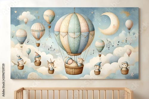 Whimsical Surreal Photo, Sweet Dreams Little One Newborn Baby Bedtime Stories Calm Sleep Music Lullaby Song Illustration Magic Hot Air Balloons Fly Cloud Blue Sky & Night Moon Background Nursery Mural