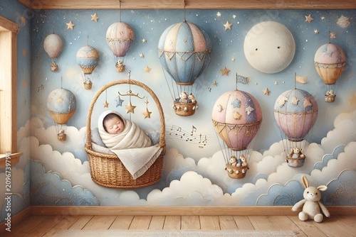 Whimsical Surreal Photo, Sweet Dreams Little One Newborn Baby Bedtime Stories Calm Sleep Music Lullaby Song Illustration Magic Hot Air Balloons Fly Cloud Blue Sky & Night Moon Background Nursery Mural