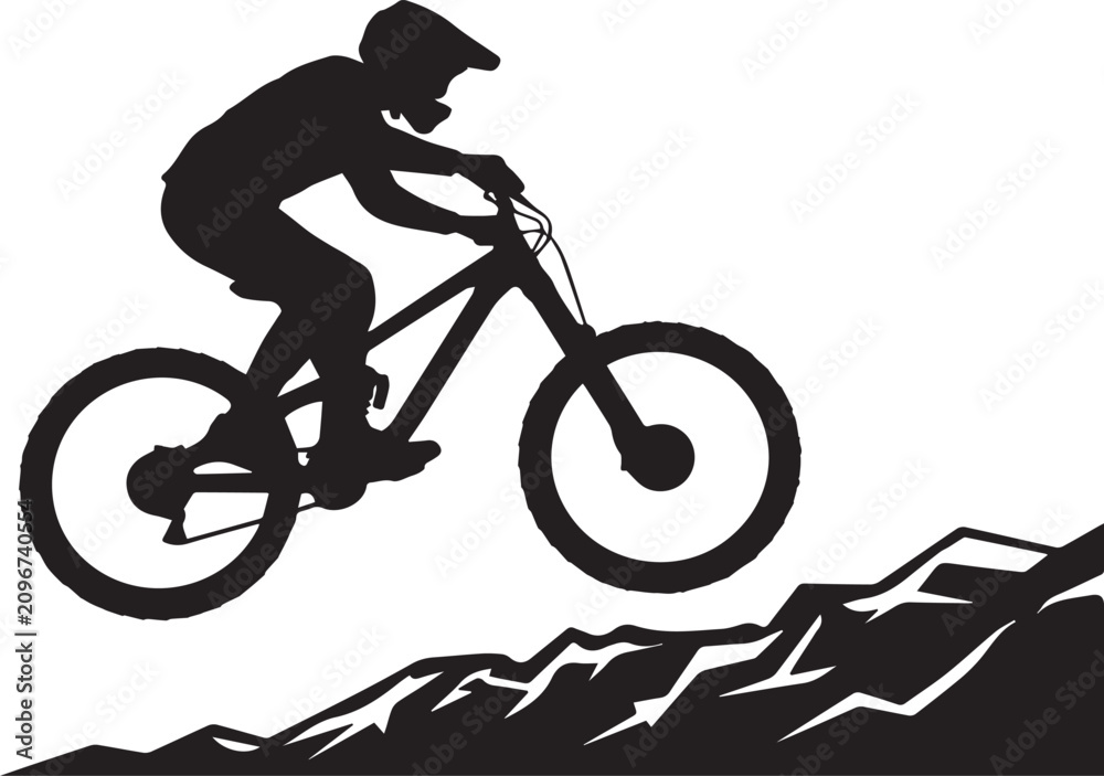Obraz premium Mountain biker riding on rocky terrain silhouette, extreme sport mtb vector