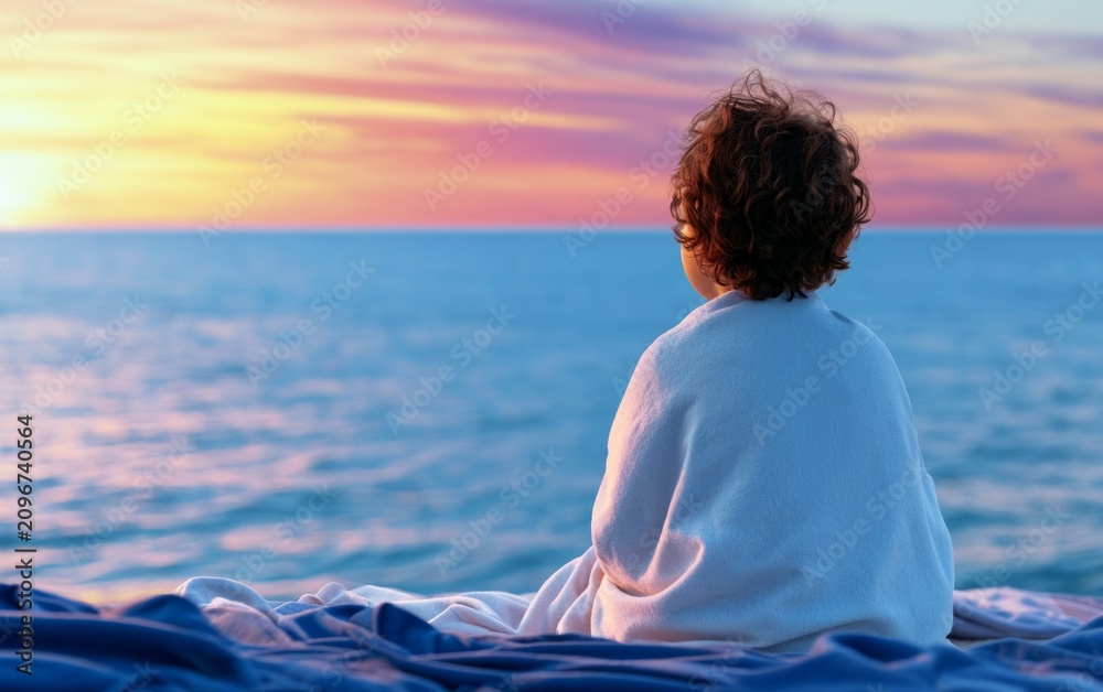 Fototapeta premium Child in Light Blanket Enjoying Sunset View by the Sea with Peaceful Reflections on Water Surface
