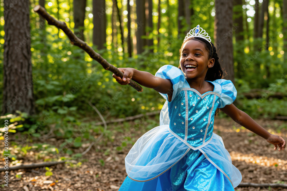 Obraz premium Happy African American girl in blue princess dress runs in summer woods. Child wearing tiara holds tree branch like magic wand for fantasy role play game. Little kid enjoys outdoor adventure,