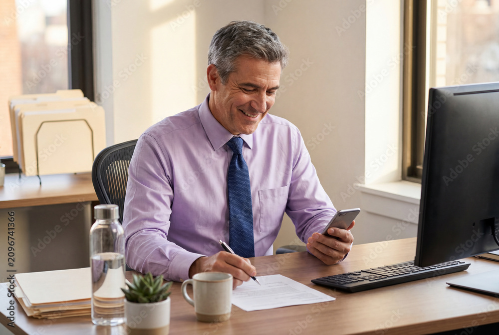Fototapeta premium Middle aged businessman looking at a smartphone while working