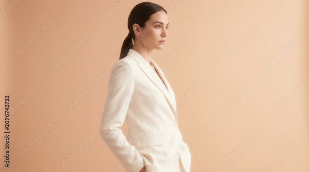 Obraz premium Young Woman Wearing White Blazer Standing in Front of Beige Background with Hands in Pockets Looking Right