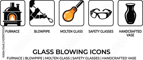 Konstfotografi Glass blowing artisan craft vector icon set featuring furnace blowpipe hot molten glass safety glasses and vase