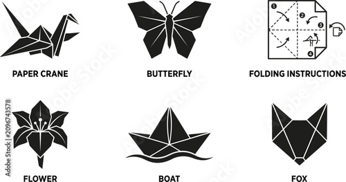 Japanese origami paper folding art vector icon set featuring crane butterfly instructions flower boat and fox silhouettes.