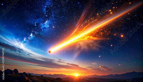 Fiery comet streaking through colorful cosmic sky.