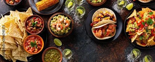Panel kuchenny z motywem Mexican food spread with traditional tacos nachos guacamole and spicy salsa dinner